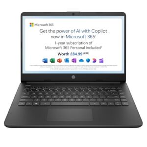 HP Stream 14" Laptop, Intel N4120 Processor, 4 GB RAM, 64 GB eMMC, Intel UHD Graphics, HD Display, Dual Speakers, Microsoft 365 Personal 12 month included, Win 11, Jet Black, 14s-dq0000sa