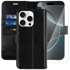 MONASAY for iPhone 16 Pro 5G Wallet Case,[Glass Screen Protector Included] [RFID Blocking] Flip Folio Leather Cell Phone Cover with Credit Card Holder, 6.3-inch, Black