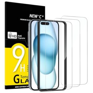 NEW'C 3 Pack Designed for iPhone 16, iPhone 15 Screen Protector (6.1 inches),Tempered Glass with easy installation tool included,Case Friendly Ultra Resistant
