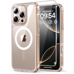 TAURI 3 in 1 Magnetic for iPhone 16 Pro Case, and 2X HD Screen Protector, [Not-Yellowing] [Compatible with MagSafe] Shockproof Phone Case for iPhone 16 Pro 6.3 Inch - Magnetic Clear
