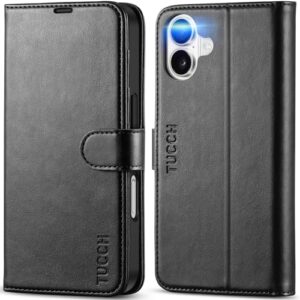 TUCCH Case for iPhone 16 (6.1") 2024 5G, PU Leather Wallet Magnetic Protective Flip Folio Foldable Cover with[RFID Blocking] Card Slots[Viewing Stand][Shockproof TPU] Compatible with iPhone 16, Black